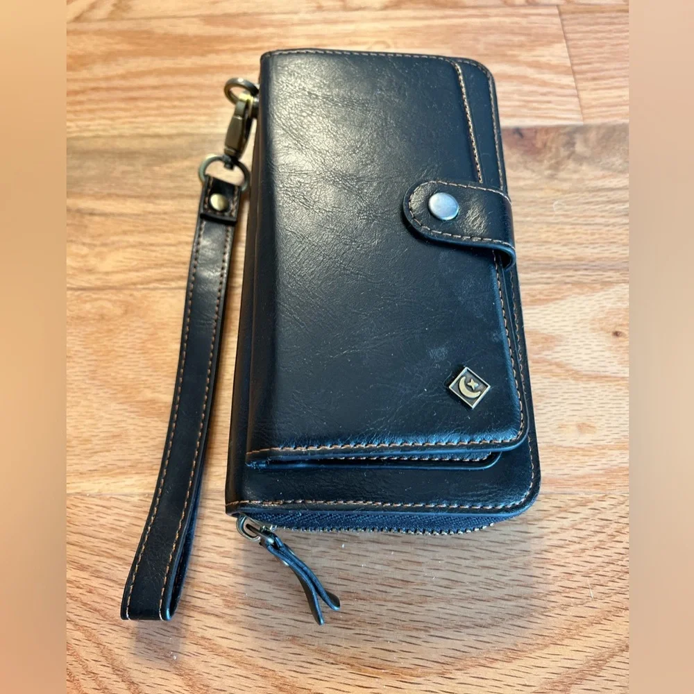 POL Black Leather Wristlet Phone Case with Zip and Snap